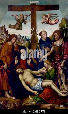 Compianto sul Cristo morto e i Santi Giovanni Battista e Nicola da Tolentino 1525 von Agostino Bombelli 1510-1545 - Klage über den toten Christus und die heiligen Johannes der Täufer und Nikolaus von Tolentino 1525 von Agostino Bombelli 1510-1545 Italien, Italienisch. Stockfoto