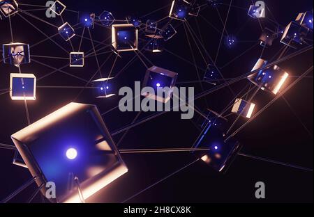 Ein Netzwerk aus miteinander verbundenen Blöcken und Lichtern, die Blockchain-Daten von Kryptowährungen auf einem dunklen Hintergrund darstellen - 3D Render Stockfoto