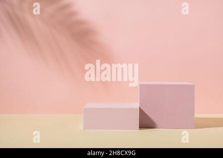 Rechteckige 3D Formen auf Sandboden und Palmenblatt Schatten auf rosa Wand mit Kopierraum Stockfoto