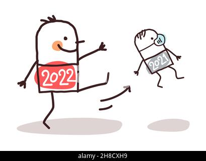 Handgezeichneter Cartoon Big 2022 Mann, der eine kleine 2020 mit Maske ausstreckt Stock Vektor