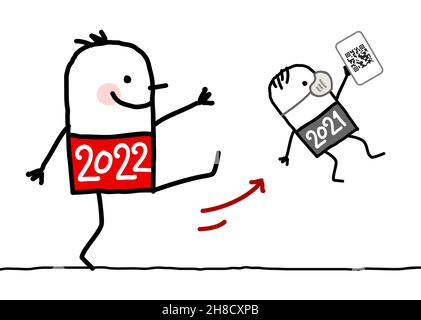Handgezeichneter Cartoon Big 2022 Mann, der eine kleine 2020 mit Maske und QR-Code ausstreckt Stock Vektor