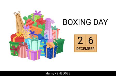 Boxtag 26. dezember. Stapel von Geschenkschachteln und Text mit Kalender. Haufen von bunten Geschenkbox Geschenke auf weißem Hintergrund. Vektorgrafik. Stock Vektor