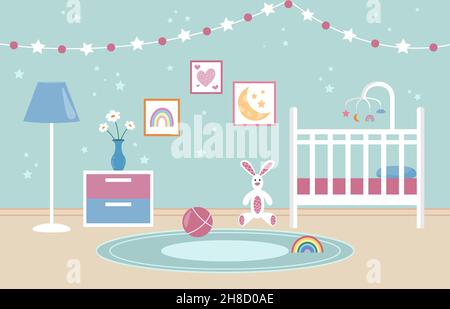 Babyschlafzimmer innen. Kinderzimmer. Leere weiße Babykrippe mit Karussell für Kinder. Dekorationen an der Wand und Spielzeug auf dem Boden. Vektorgrafik flach. Stock Vektor