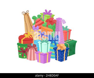 Großer Stapel von Geschenkschachteln. Haufen von bunten geschenkbox präsentiert isoliert auf weißem Hintergrund. Vektorgrafik. Stock Vektor