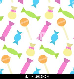 Buntes Nahtloses Muster mit verschiedenen Bonbons und Lutschern. Print für Textilien, Stoff, Tapeten, Karten, Geschenkpapier und Kleidung. Endloses Design Stock Vektor