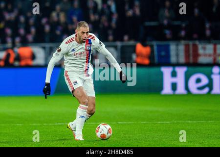 Broendby, Dänemark. 25th, November 2021. Islam Slimani (20) aus Lyon während des UEFA Europa League-Spiels zwischen Broendby IF und Lyon im Broendby-Stadion in Broendby. (Foto: Gonzales Photo - Robert Hendel). Stockfoto