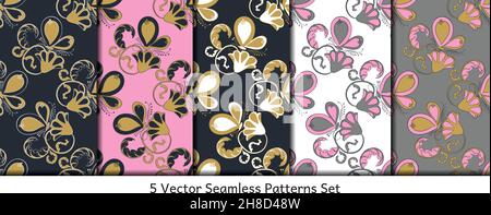 Set aus 5 nahtlosen Mustern mit handgezeichneten dekorativen Blumen und Schmetterlingen. Stock Vektor