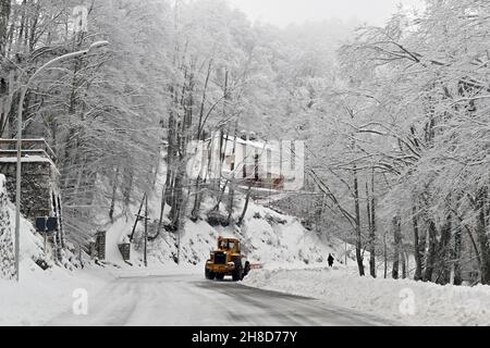 Monte Terminillo (Rieti) - 29. November 2021 Schneefall auf dem Skigebiet Monte Terminillo in der Provinz Rieti im zentralen Apennin hat Mittelitalien seit zwei Tagen mit schlechtem Wetter und Schneefall selbst in relativ niedrigen Höhen zu kämpfen. Stockfoto