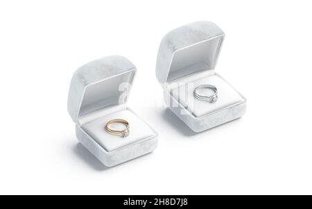Leere weiße Box mit Gold und Silber Diamant Ring Mockup Stockfoto