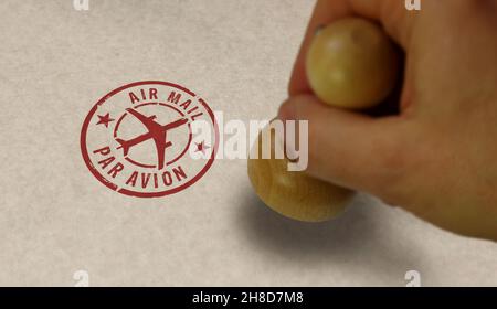 Air Mail Stempel und Stempelhand. Retro par avion Briefzustellung und Luftpost Express Poststempel Konzept. Stockfoto