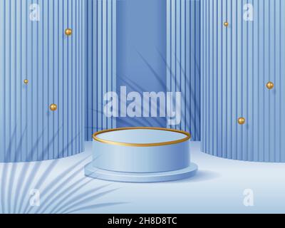 Blaue Werbung 3D Prodium mit abstraktem Hintergrund, realistische Vektordarstellung aus der Nähe Stock Vektor