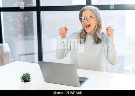 Aufgeregte grauhaarige ältere Frau, die auf den Laptop-Bildschirm schaut, am Schreibtisch im Büro sitzt, gute Nachrichten liest, sich freut, in der Online-Lotterie zu gewinnen, überglücklich reife Geschäftsfrau feiert das beste Angebot Stockfoto