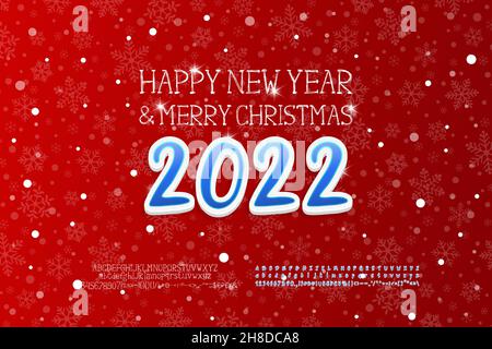 Weihnachtsplakat Frohes neues Jahr und Frohe Weihnachten. Roter Hintergrund mit Schneeflocken-Muster. Handgezeichnete Skizzenbuchstaben und Karikaturenzahlen. Zwei Sätze von Stock Vektor