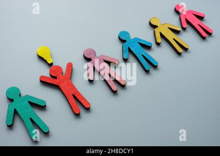 Figuren und eine mit einer guten Idee. Brainstorming-Konzept. Stockfoto