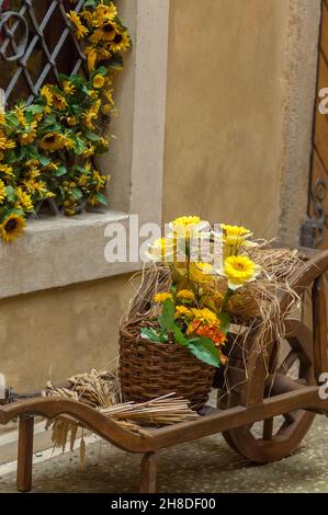 Eine farbenfrohe Blumendarstellung in einer hölzernen Schubkarre vor einem Geschäft im mittelalterlichen Goldenen Gässchen auf der Prager Burg Stockfoto