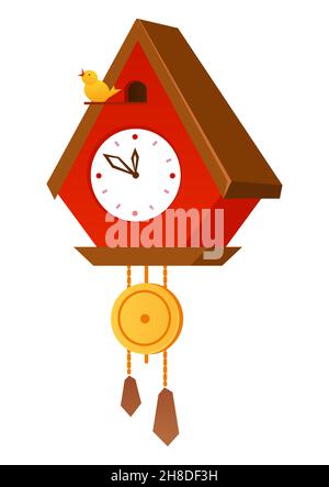 Kuckucksuhr - modernes flaches Design im Stil eines einzelnen isolierten Objekts. Ordentliches Bild des traditionellen Neujahrsdekor, mit dem Sie die Zeit bis Mitte der Nacht zählen können Stock Vektor