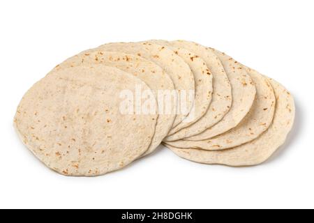 Haufen frisch gebackene Tortilla Nahaufnahme isoliert auf weißem Hintergrund Stockfoto