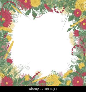 Quadratischer Blumenrahmen mit Chrysanthemen und Kräutern. Kranz mit roten und gelben Blüten Stock Vektor