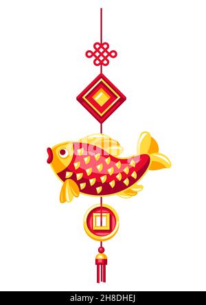 Illustration eines chinesischen hängenden Talismans mit Fisch. Symbol für asiatisches Neujahr in der Tradition. Stock Vektor