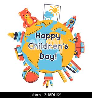 Happy Children Tag Grußkarte. Illustration der Erde mit verschiedenen Kinderspielzeug. Stock Vektor