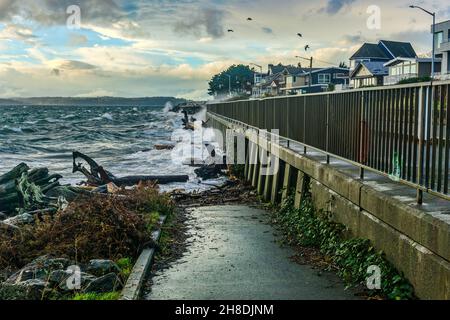 An einem stürmischen Tag schlagen Wellen gegen die Küste in West Seattle, Washington. Stockfoto