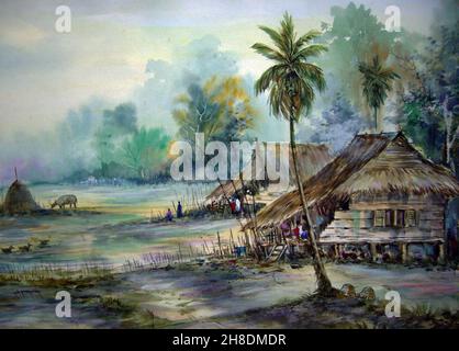 Handgemalte originale Meisterwerke des Impressionismus Maler zeitgenössische Kunst Aquarellmalerei ländliche Landschaft thailands Stockfoto