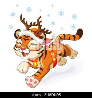 Niedliches, laufendes Weihnachts-Tiger-Junge mit Hirschhörnern und Glocken. Cartoon Tiger Figur. Vektorgrafik Cartoon isolierte Illustration. Für Postkarte, Plakate, desi Stock Vektor