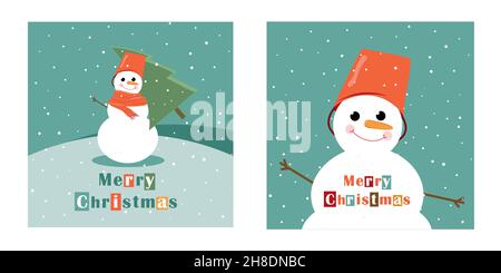 Set von Weihnachtskarten mit einem Schneemann. Weihnachtsfeiertage. Designillustrationen. Stock Vektor