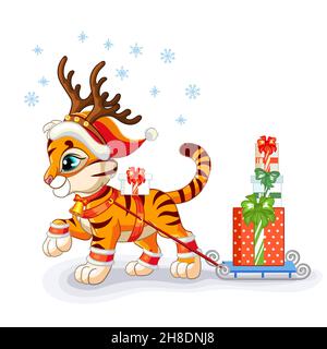 Niedlicher Tiger in einem Weihnachtshut trägt Geschenke auf einem Schlitten. Cartoon Tiger Figur. Vektorgrafik Cartoon isolierte Illustration. Für Postkarte, Poster, Design, Stock Vektor