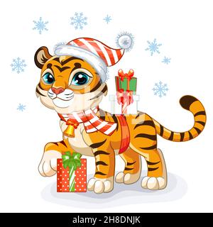 Niedliches Tiger-Junge in einem Weihnachtshut mit Geschenken und Schneeflocken. Cartoon Tiger Figur. Vektorgrafik Cartoon isolierte Illustration. Für Postkarte, Poster, des Stock Vektor