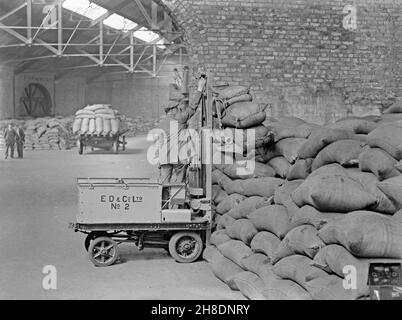 Früher batteriebetriebener Transport – Hier wird bei E D and Co Ltd, einem Schiffs- und Lagerunternehmen in Liverpool Docks, Lancashire, England, in den frühen Jahren des 20. Jahrhunderts, ein Gabelstapler zum Transport von Säcken eingesetzt. In den frühen Jahren des Kraftverkehrs waren elektrisch betriebene Fahrzeuge eine gute Option im Vergleich zu benzinbetriebenen Fahrzeugen für den Kurzstrecken-gewerblichen Verkehr, wie etwa den Transport von Waren in Fabriken. Dies ist einem alten Original-Glas-Negativ entnommen – einem Vintage-Foto aus dem 20th. Jahrhundert. Stockfoto