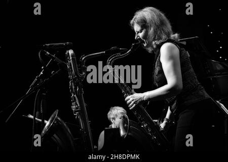 Karen Sharp spielt mit dem Karen Sharp Quartett beim Scarborough Jazz Festival 2021, Großbritannien, Tenorsax Stockfoto