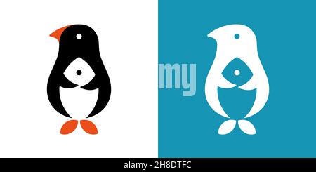 Pinguin mit Fischen in den Pfoten. Flacher Style. Logo- oder Zeichenkonzept Stock Vektor