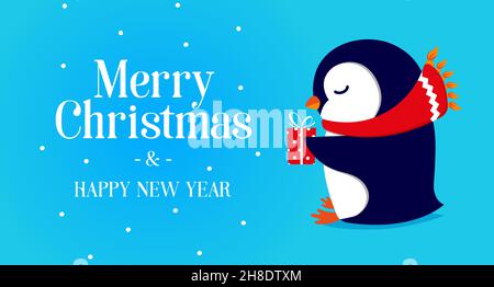 Niedlicher Pinguin in einem roten Schal und ein Geschenk in der Hand auf blauem Hintergrund Stock Vektor