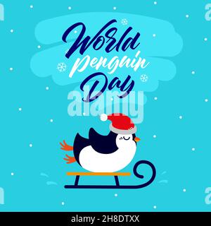 pinguin trägt einen Weihnachtsmannhut und fährt einen Winterschlitten. Banner mit der Aufschrift World Penguin Day Stock Vektor