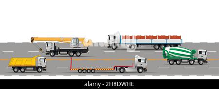 Straßenverkehr auf der Autobahn. Baumaschinen. Straßenzug, Tieflader, Plattform, Mischer, Muldenkipper, LKW-Kran. Flache Vektorgrafik. Stock Vektor