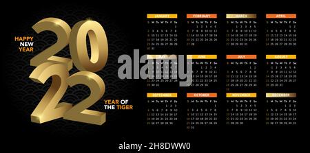 Stilvoller Tischkalender für das Jahr 2022 des Tigers Stock Vektor