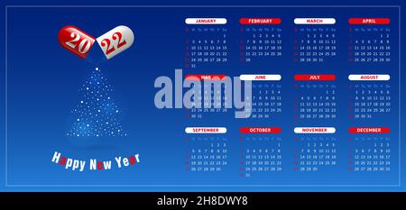 Tischkalender 2022. Konzept der Medizin, Kapsel und Pulver in Form eines Weihnachtsbaums auf blauem Hintergrund. Frohes Neues Jahr Stock Vektor