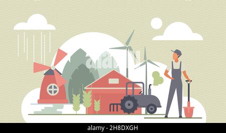 Landwirtschaftliche Arbeit, Landwirtschaft Technologie Vektor Illustration. Cartoon-Landwirt mit Traktor, landwirtschaftliche Geräte und Gebäude, Windmühlen und Dorf Weizenfeld. Agronomie, Gartenbau, Erntekonzept Stock Vektor
