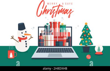 Online-Shopping zu Weihnachten. Flache Cartoon-Vektor-Illustration mit Laptop-Bildschirm mit Stapel Geschenkbox, Fichte, Tasse auf dem Schreibtisch, Winterurlaub Verkäufe. Chr Stock Vektor