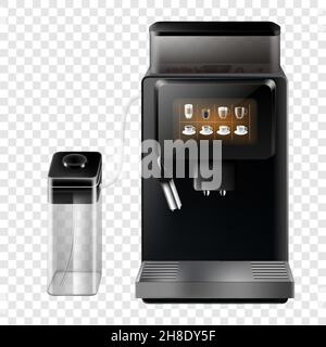 Realistische Kaffeemaschine. Design von Haushaltsgeräten. Automatische Espressomaschine, isoliert auf transparentem Hintergrund. Elektronische Geräte für Cappuccin Stock Vektor
