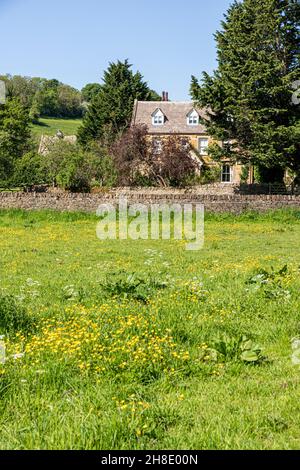 Das Herrenhaus neben dem kleinen Fluss Windrush, der durch das Cotswold-Dorf Naunton, Gloucestershire, Großbritannien, fließt Stockfoto