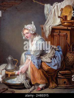 The Laundress (La Blanchisseuse) von Jean-Baptiste Greuze (1725-1805), Öl auf Leinwand, 1761 Stockfoto