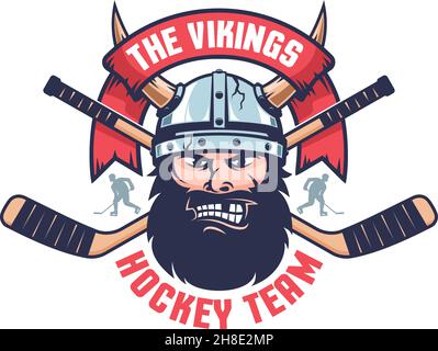 Eishockey-Team-Emblem mit Wikingerkopf und gekreuzten Stöcken Stock Vektor