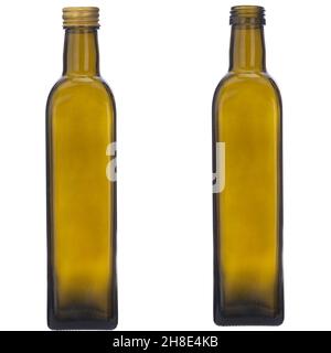 Olivenöl-Flasche auf weiß (Schneideweg) Close-Up. Stockfoto