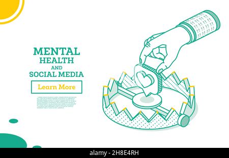 Isometric Outline Trap with Social Media Heart. Like-Symbol. Vektorgrafik. Konzept der psychischen Gesundheit und soziale Medien. Isoliert auf weißem Hintergrund Stock Vektor