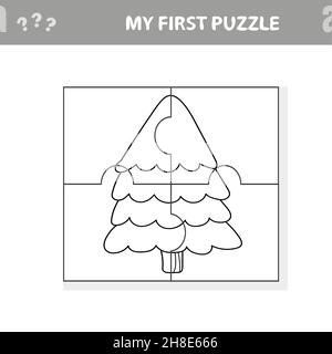 Pädagogisches Papierspiel für Kinder, Tannenbaum. Puzzle. Meine erste Puzzle- und Malseite Stock Vektor