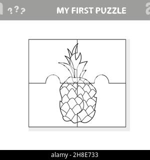 Puzzle. Teile von Ananas. Pädagogisches Kinderspiel, druckbares Arbeitsblatt, Vektor-Illustration für Kinder. Meine erste Puzzle- und Malseite Stock Vektor