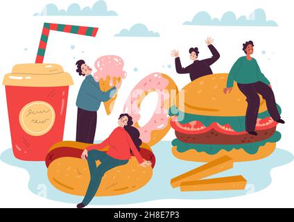Kleine Fast-Food-Fans. Kleine lustige Charaktere mit großem Burger, Hot Dog, pommes Frites und Getränken, glücklichen Menschen, ungesunden Junk-Produkten, Donut und Eis Stock Vektor