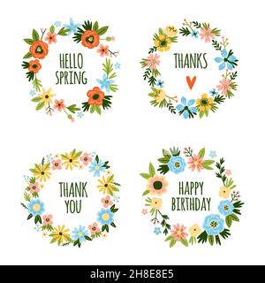 Abstrakte Blumenkränze. Romantische schöne Kreise, Blumenringe Arrangement mit niedlichen Inschriften innen, handgezeichnete Pflanzen, Frühling Sommer Flora Stock Vektor